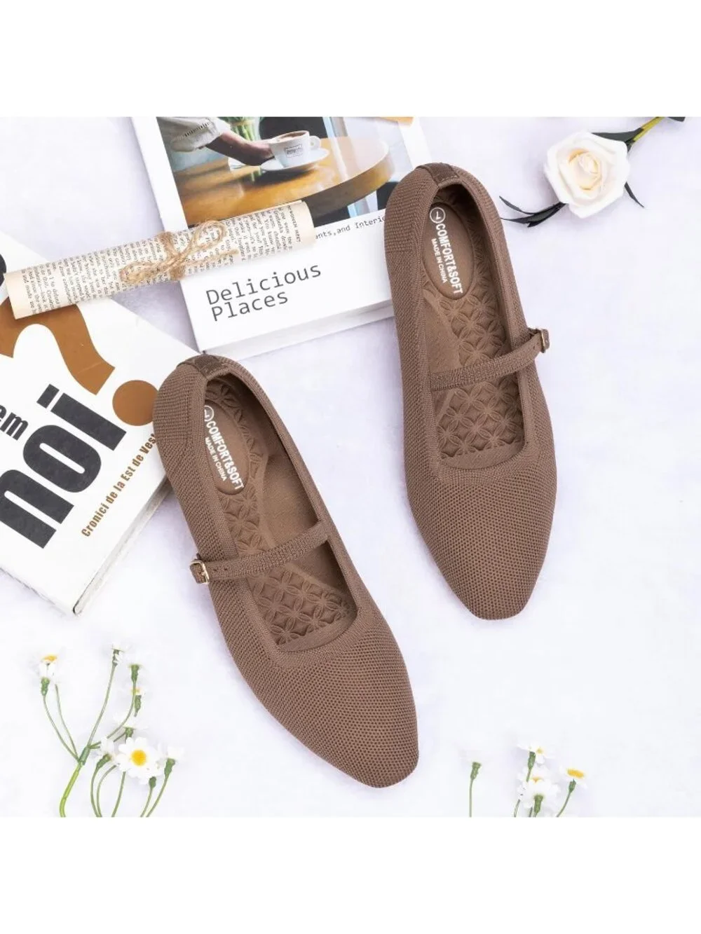 Women's Coffee Rubber Knit Square Toe Ballet Flats With Strap Comfortable Shoes